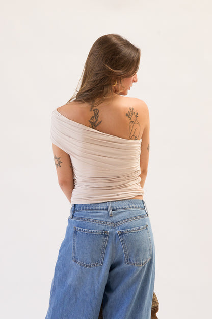 ELLIE ECRU ONE SHOULDER TOP